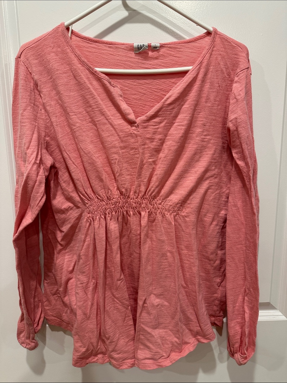 GAP Coral Pink Long-Sleeve Smocked-Waist Maternity Tunic